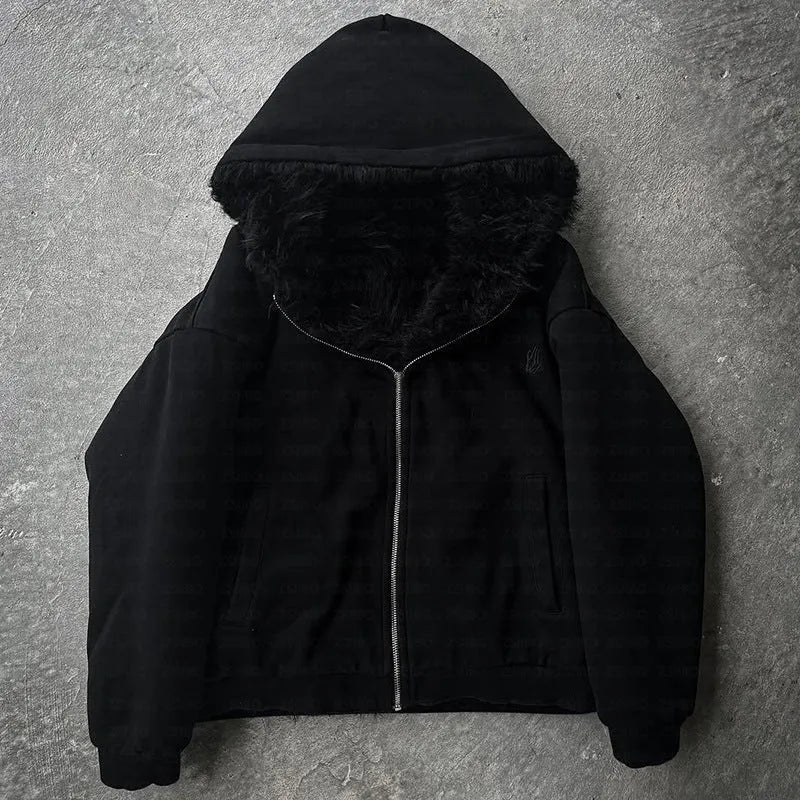 Unisex loose fit black polyester casual coat with long sleeves on hanger