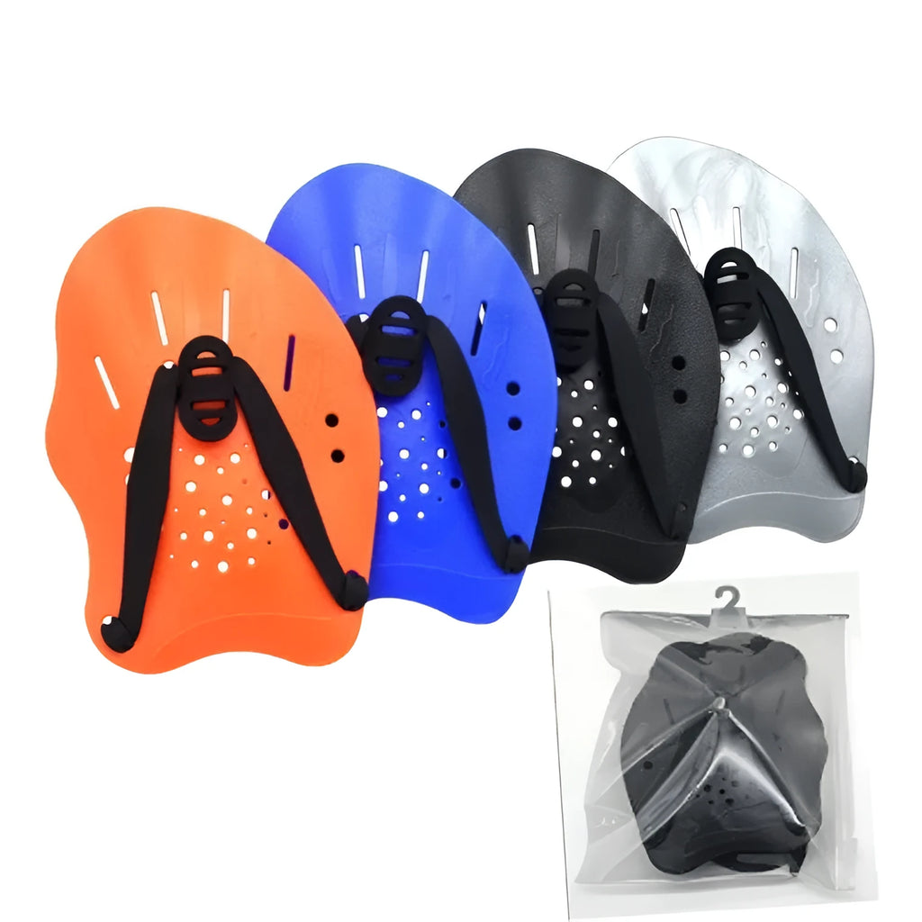 Pair of swimming training hand paddles for freestyle stroke technique in multiple colour options