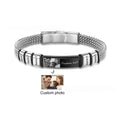 Men's titanium steel and leather rope lettering bracelet showing heart shape and bead design options.