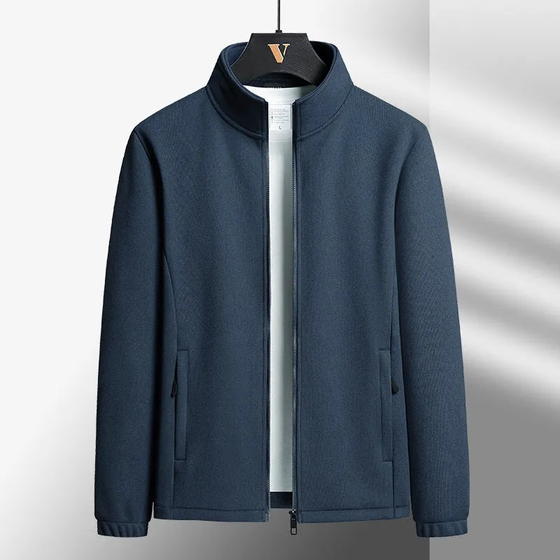 Men's grey berber fleece coat cardigan with stand-up collar and zip front