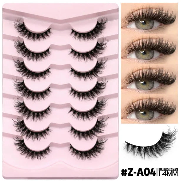 Box of artificial fibre false eyelashes with six style options and included adhesive tube