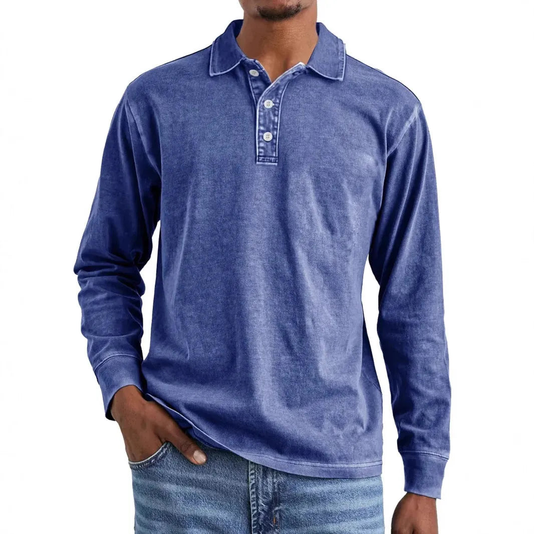 Retro washed pure cotton polo shirt with a distressed lapel and long sleeves on a hanger.