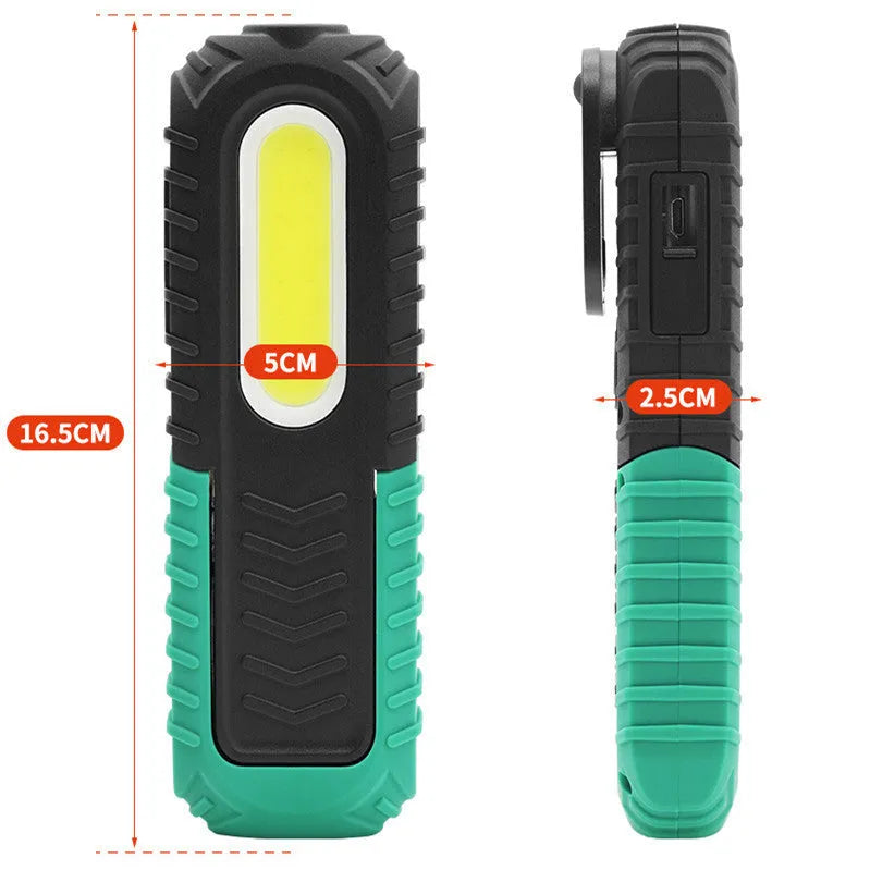 Black and green USB-charged automotive inspection work light with compact design