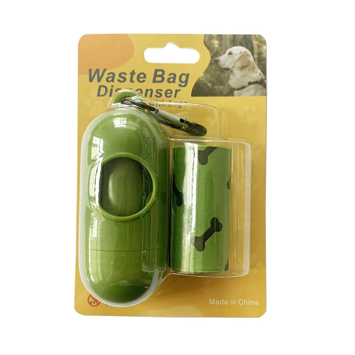 Roll of army green degradable dog poop bags with black bone print, showing bag size of 23x33cm.