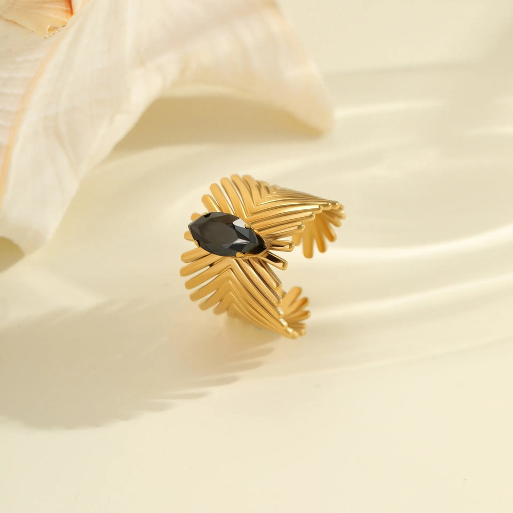 Women's geometric titanium steel ring with adjustable open design and zircon stone detailing