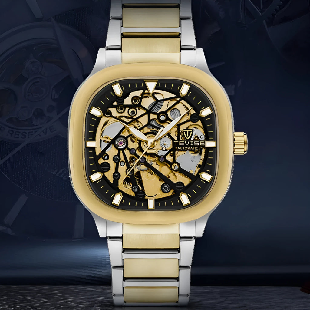Men's square hollow automatic watch with luminous hands and stainless steel strap