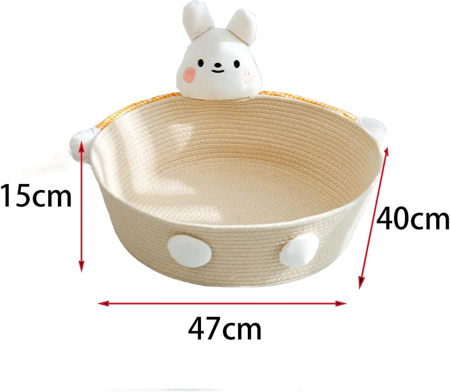 Woven cotton rope cat bed basket with bear pattern, functioning as a pet bed, scratcher, and storage container.
