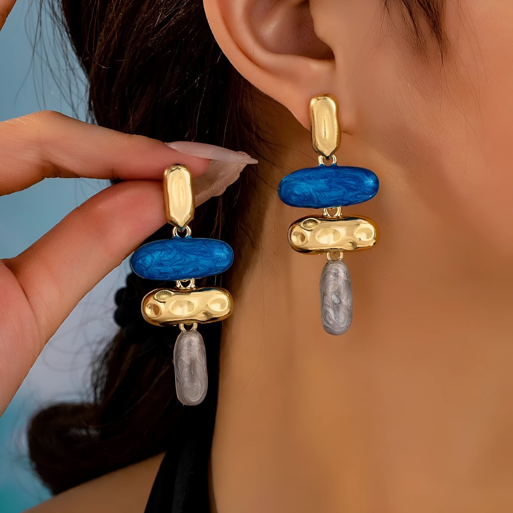 Geometric stud earrings with multicolor electroplated finish on zinc alloy