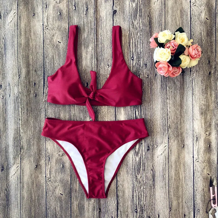 Women's polyester bikini set in white, pink, red, black or wine red colours