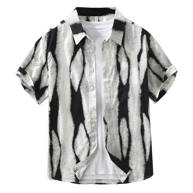 Retro striped short sleeve shirt in pure cotton, shown in black and brown, with a loose cardigan fit.