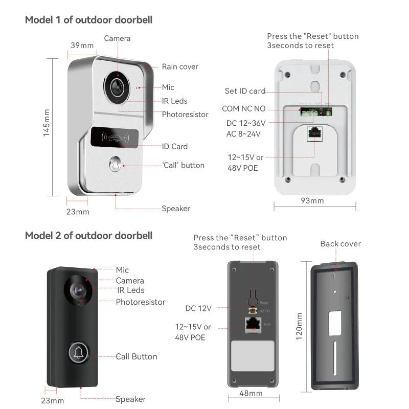 1080P network video intercom doorbell system with 10-inch display screen and colour HD camera