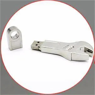 Metal wrench-shaped USB flash drive with double-headed plum blossom design in white colour