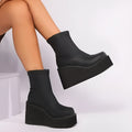 Plus size women's black wedge heel boots with waterproof platform and round toe design