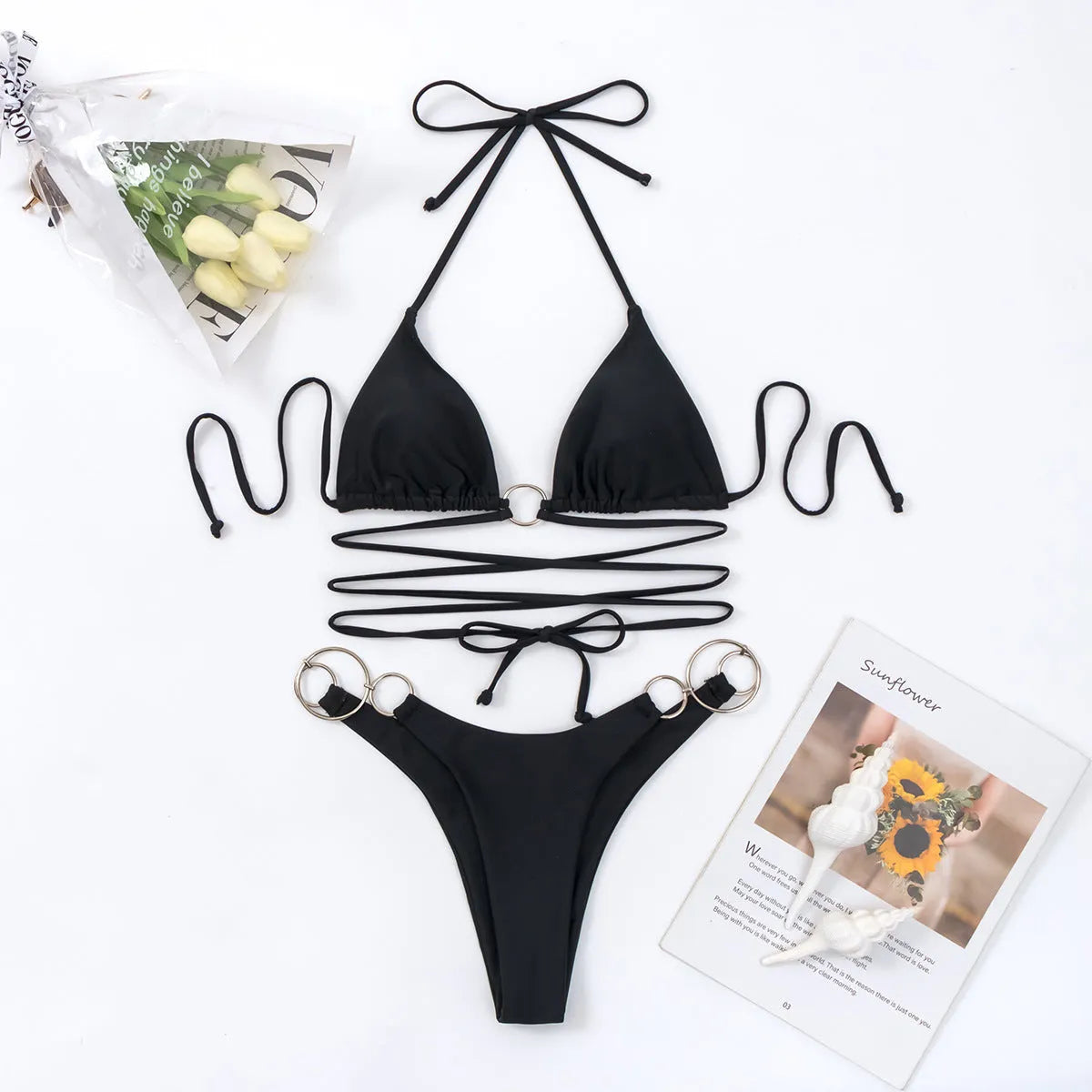 Black women's bikini set with metal rings and long back straps