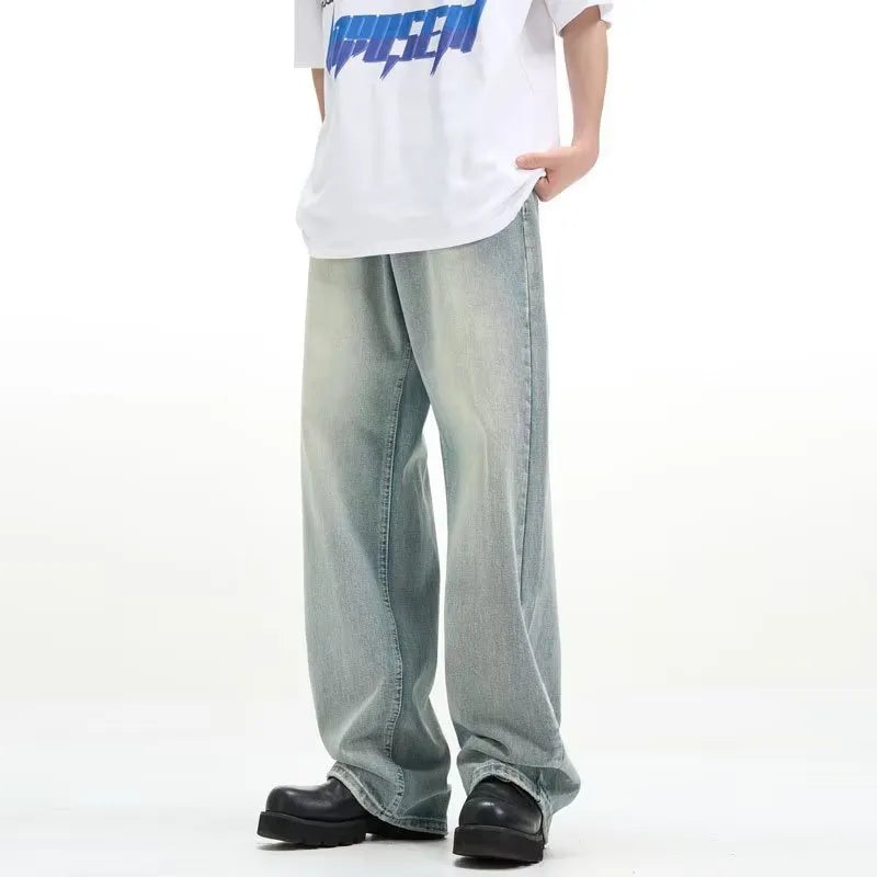Blue men's loose retro casual trousers made from high-elasticity rabbit fur fabric.