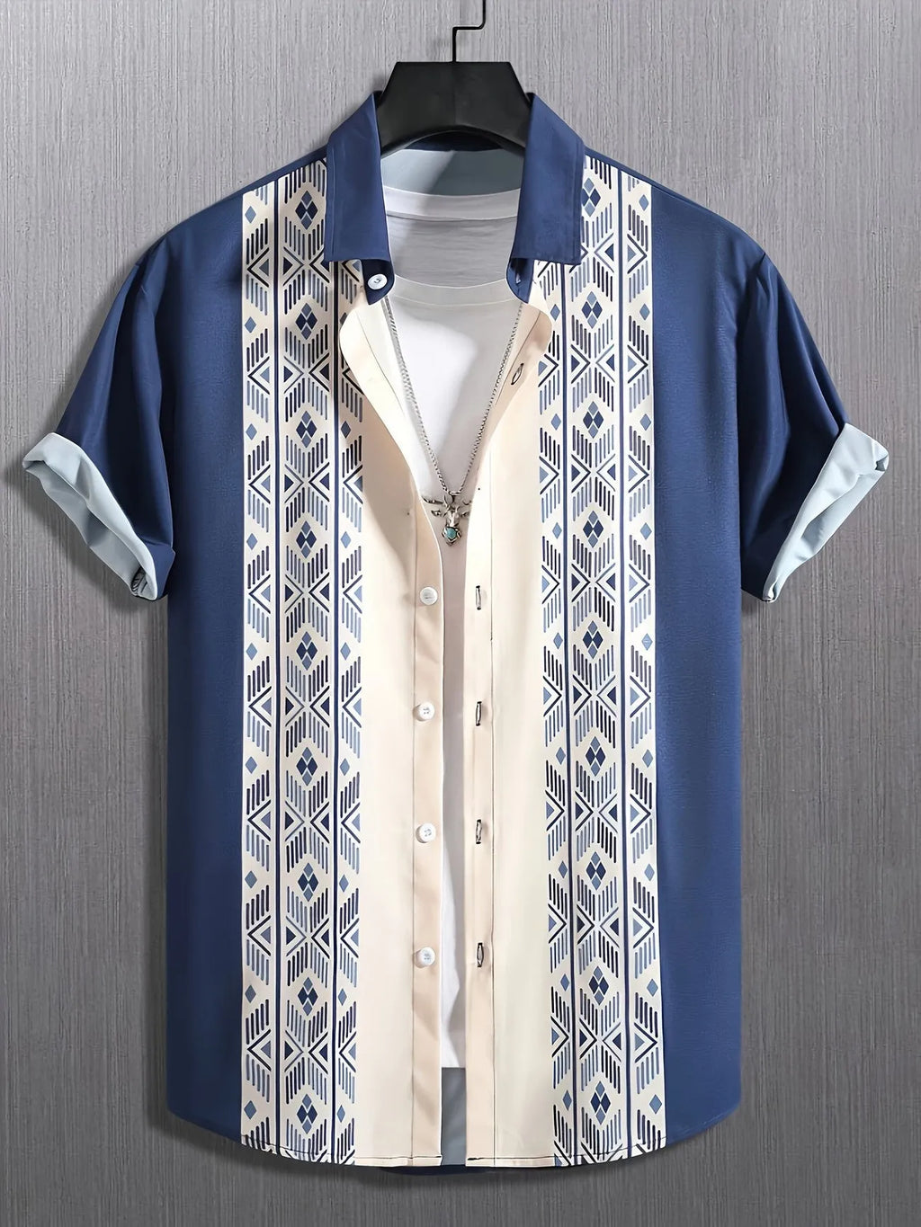 Men's plaid short-sleeve shirt cardigan with lapel collar showing elastic fabric detail