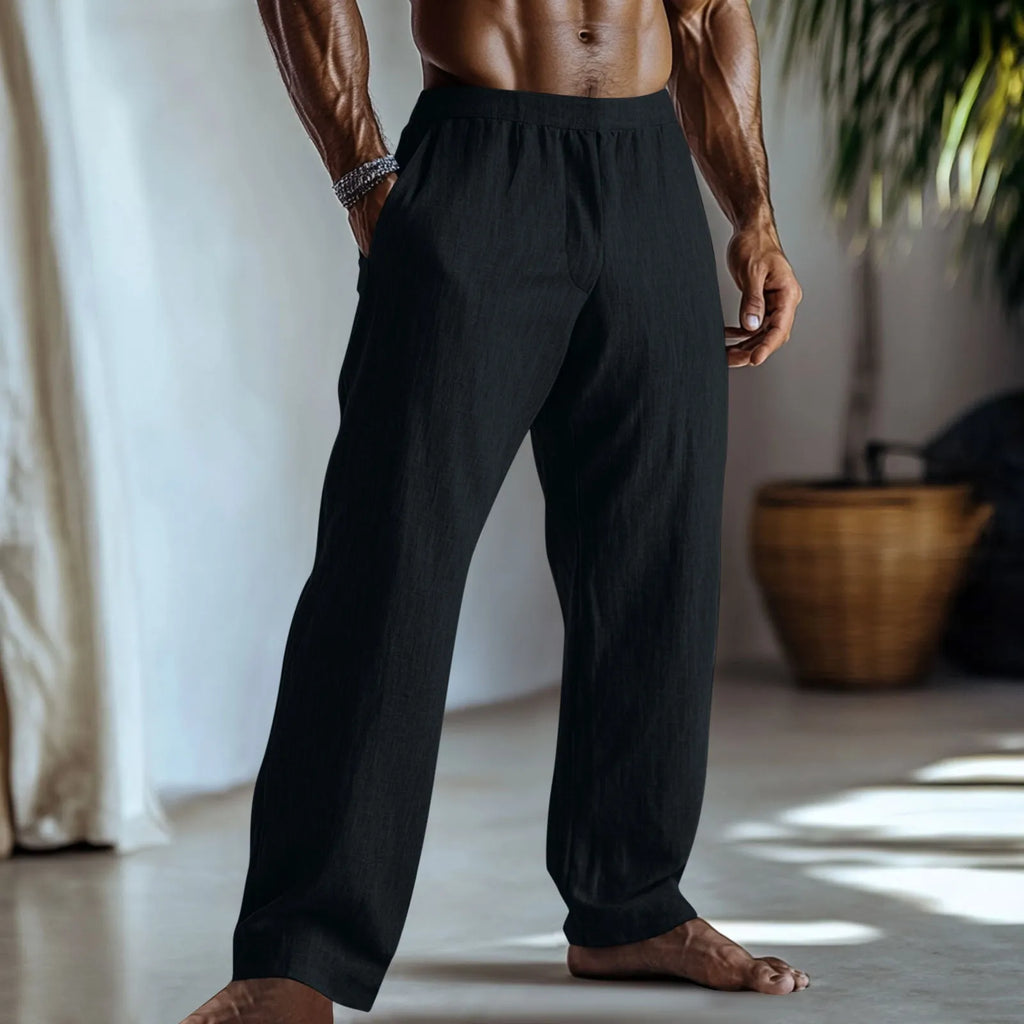 Straight-leg casual trousers in cotton and linen fabric in a solid colour with pockets.