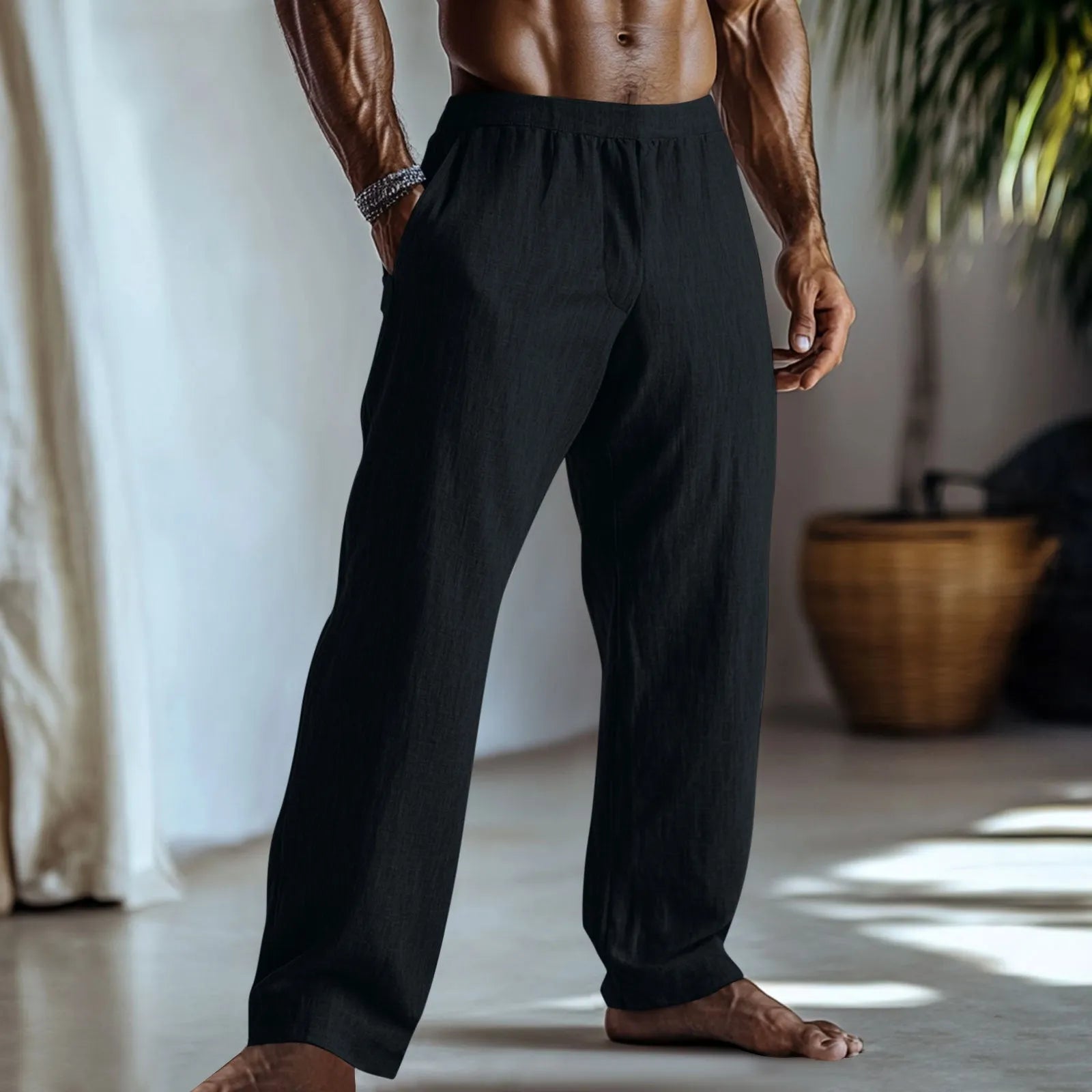 Straight-leg casual trousers in cotton and linen fabric in a solid colour with pockets.