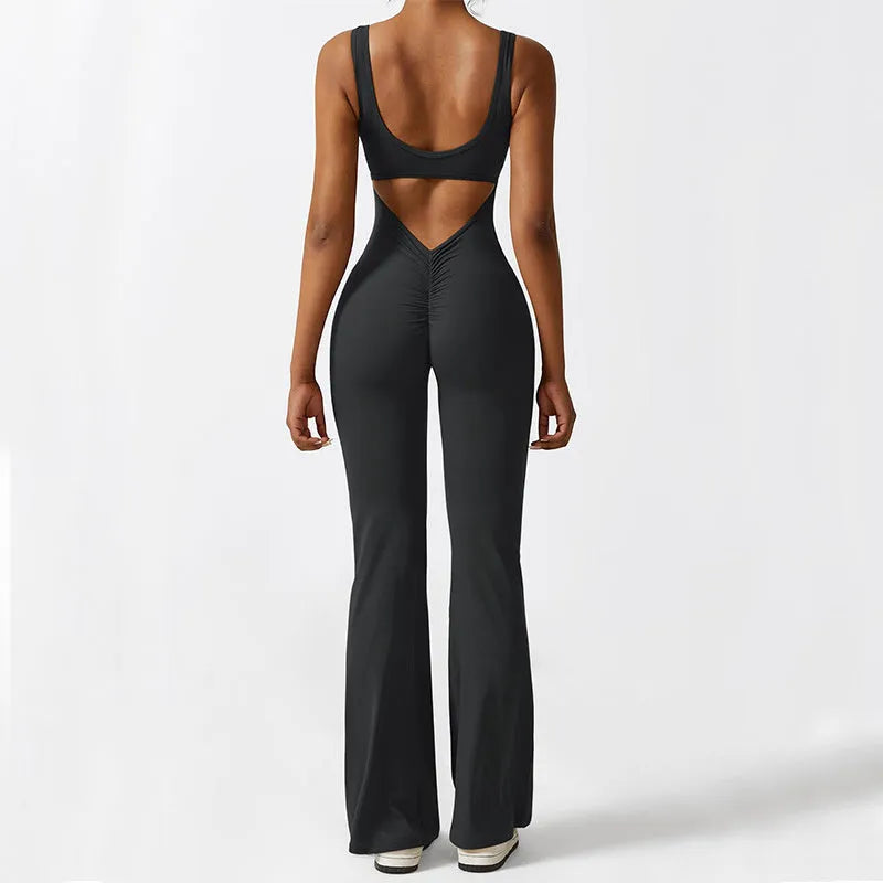Women's sleeveless flare jumpsuit in polyester fabric for yoga and fitness wear