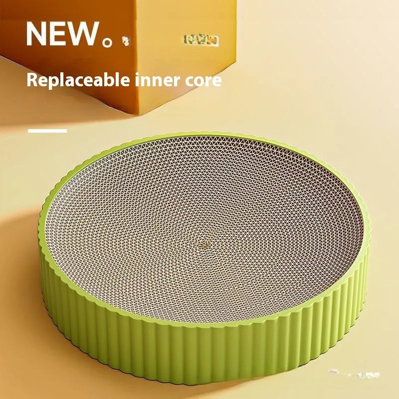 Round green and white cat scratching board with 55cm diameter and replaceable corrugated paper surface