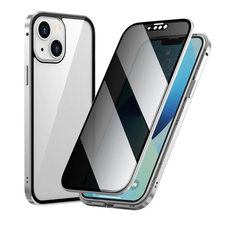 Magneto privacy-proof phone case with a double-sided metal frame, shown in a choice of colours for iPhone models.