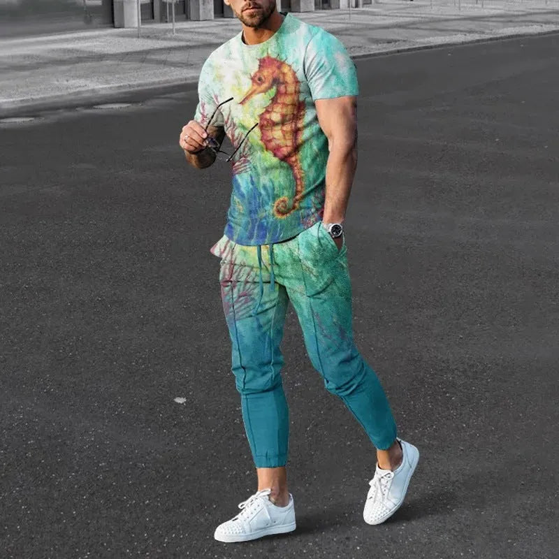 Men's short sleeve printed pullover and trousers set in thin polyester blend fabric for sports and casual wear