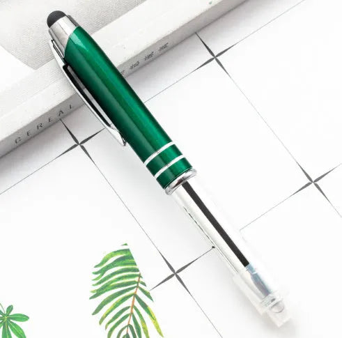 Metal capacitive stylus and ballpoint pen with LED light in five colour options.