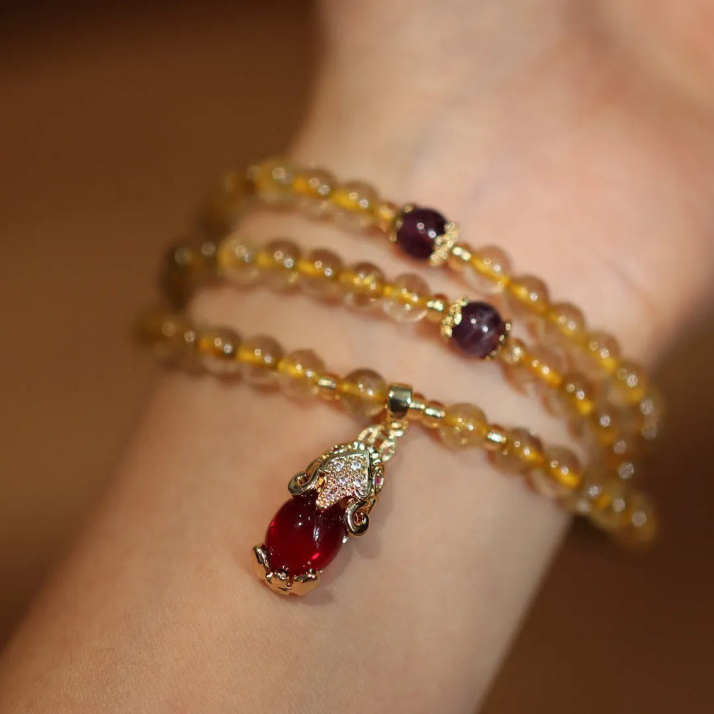 Natural Brazilian gold rutilated quartz bracelet with Chinese three-ring design and chopstick hanging elements
