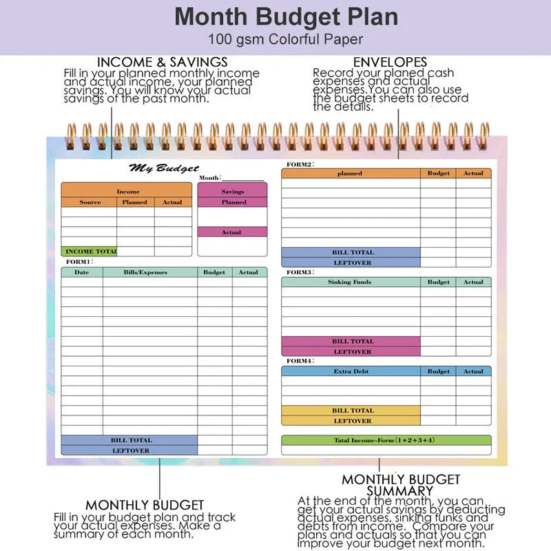 B5 size spiral-bound budget tally book with a blue PP cover, open to show lined pages for income and expense tracking.