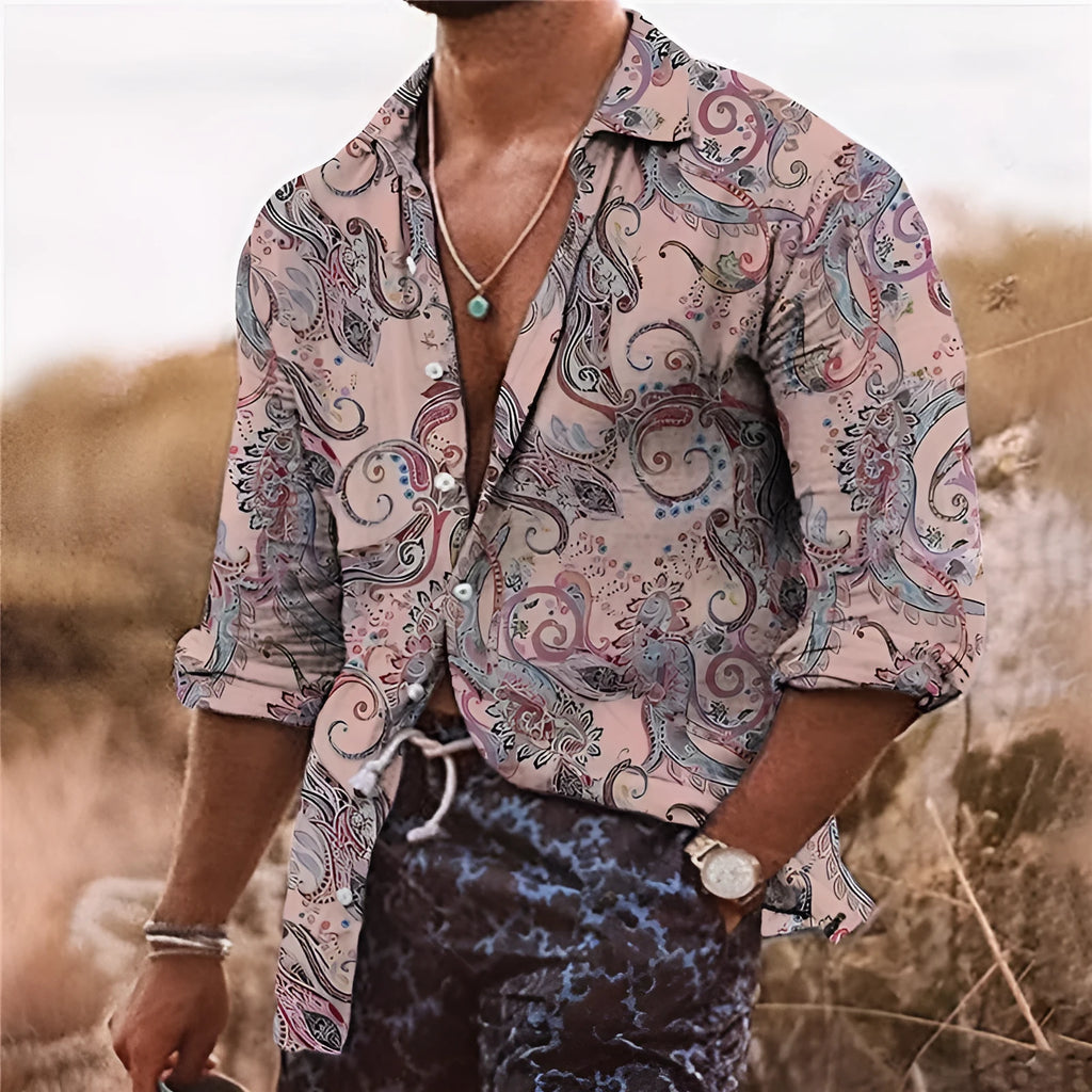 Men's loose fit Bohemian shirt with 3D floral digital printing in polyester fabric