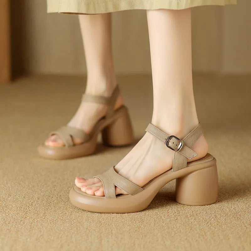 Women's open toe platform sandals in apricot colour with adjustable rounded toe holders