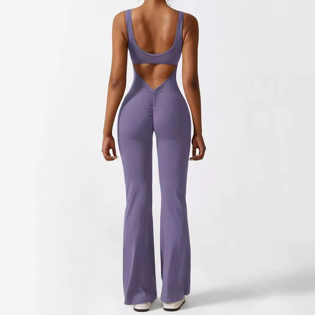 Women's sleeveless flare jumpsuit in polyester fabric for yoga and fitness wear