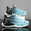 Men's low-top sneakers with a rotating button fastening, shown in light blue mesh and black leather options.