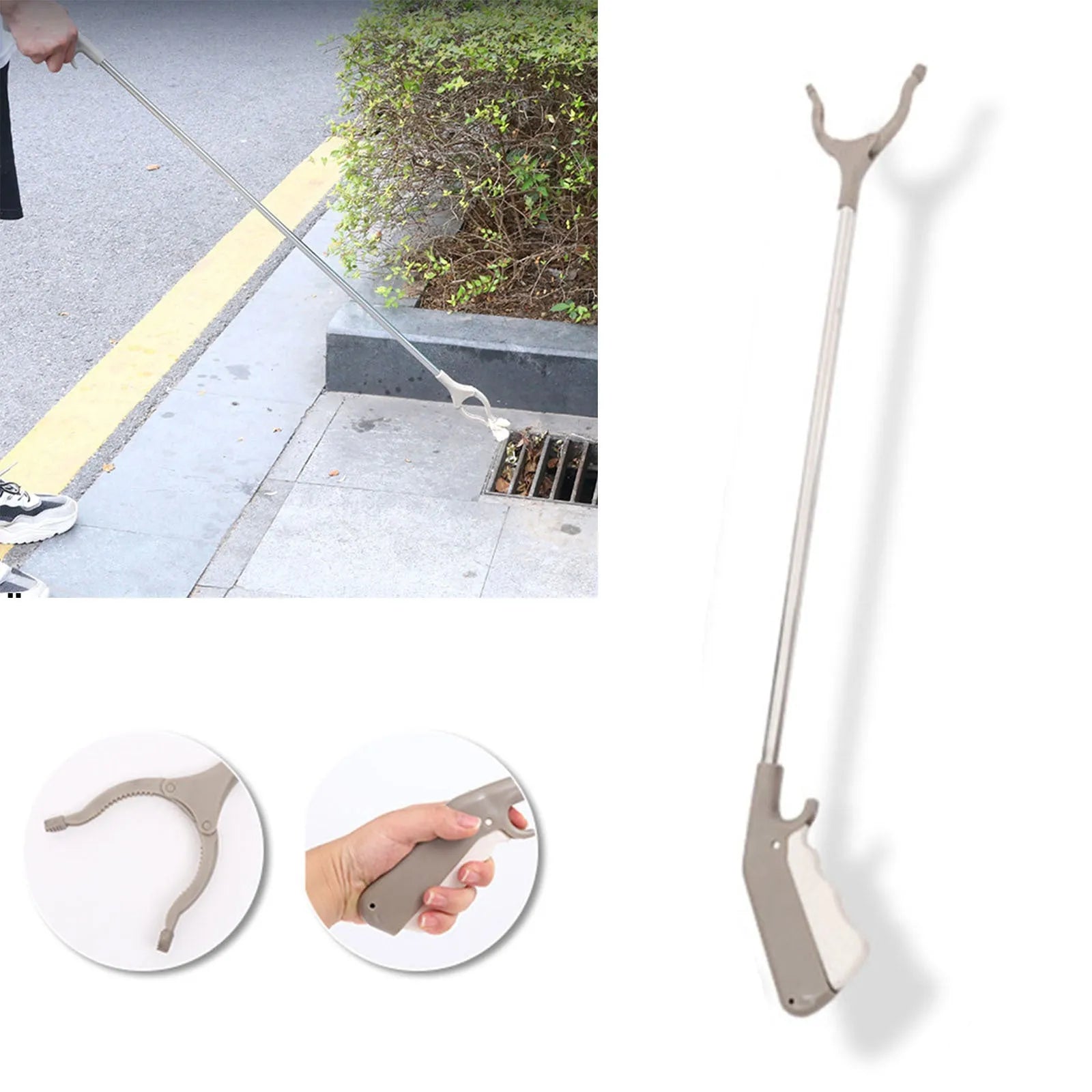 Stainless steel garbage picker pliers with extended 40cm reach and push-type handle for one-handed operation