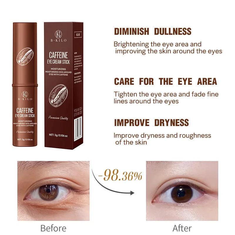 Caffeine eye cream stick with twist-up applicator, 3g net content.