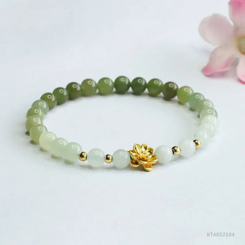 Hand-woven Hetian jade gradient bracelet with lotus beads, 17cm length
