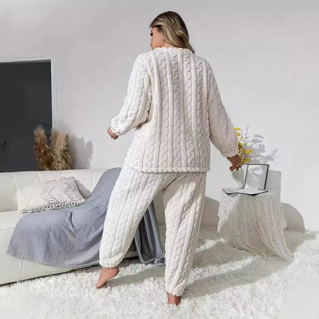Women's milky white polyester plush two-piece casual suit with crew neck top and trousers