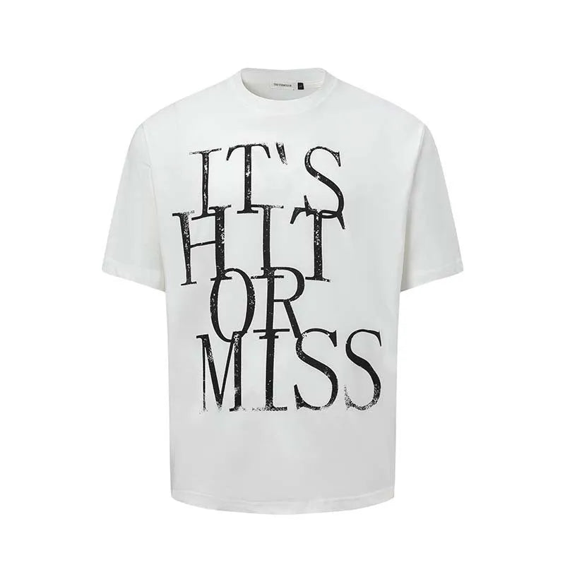 Men's white cotton blend t-shirt with black letter printing showing American retro style loose fit design