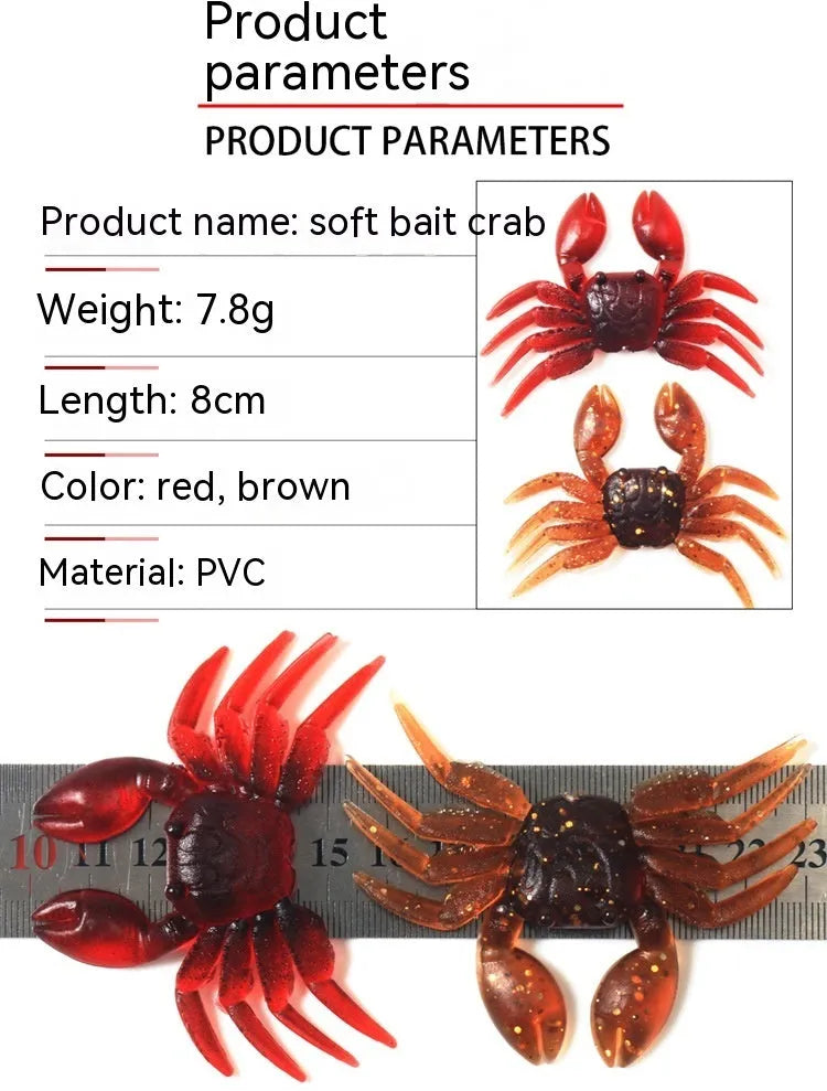 PVC crab fishing lure in brown and red colour options measuring 8cm for bottom-feeding fish