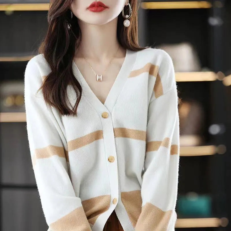 Women's striped V-neck button-up cardigan with a 3D knit pattern in a slim fit