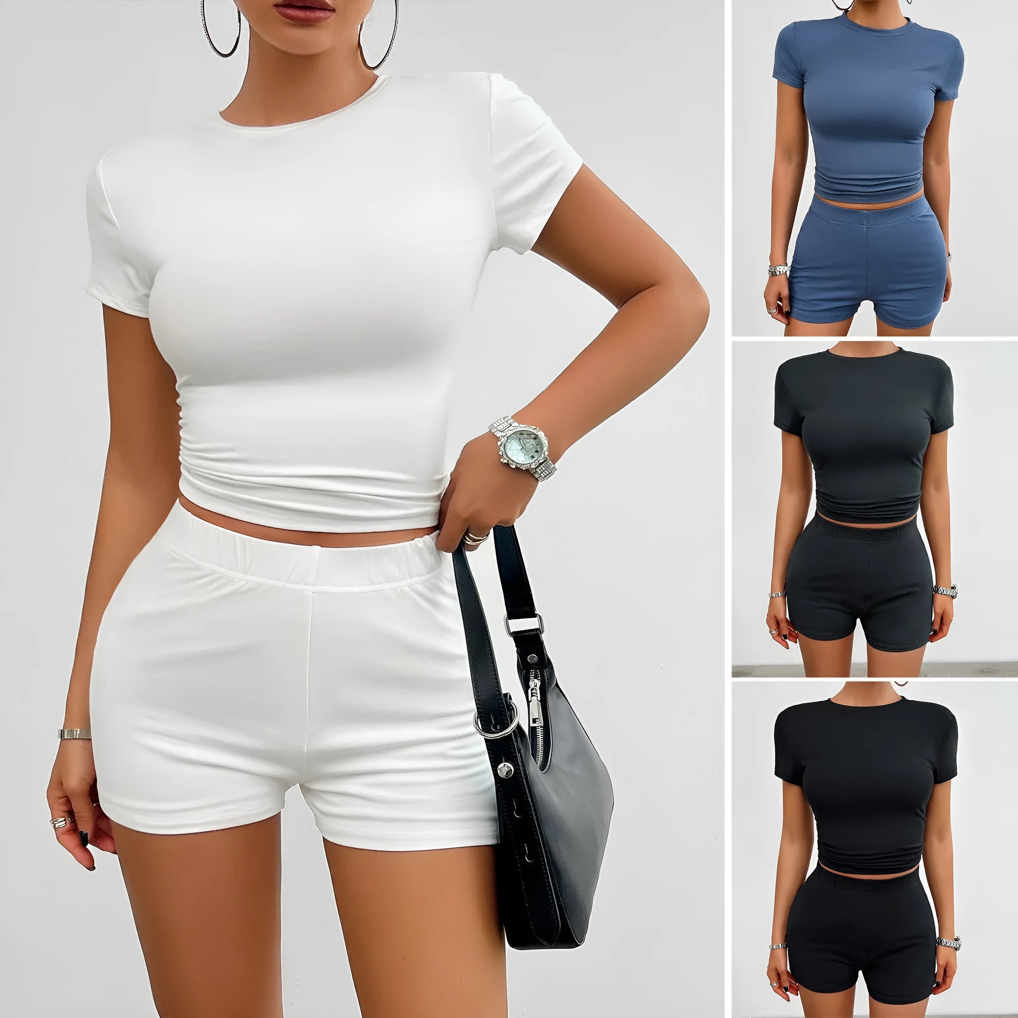 Women's solid colour sports suit 2-piece set with viscose t-shirt and elastic shorts