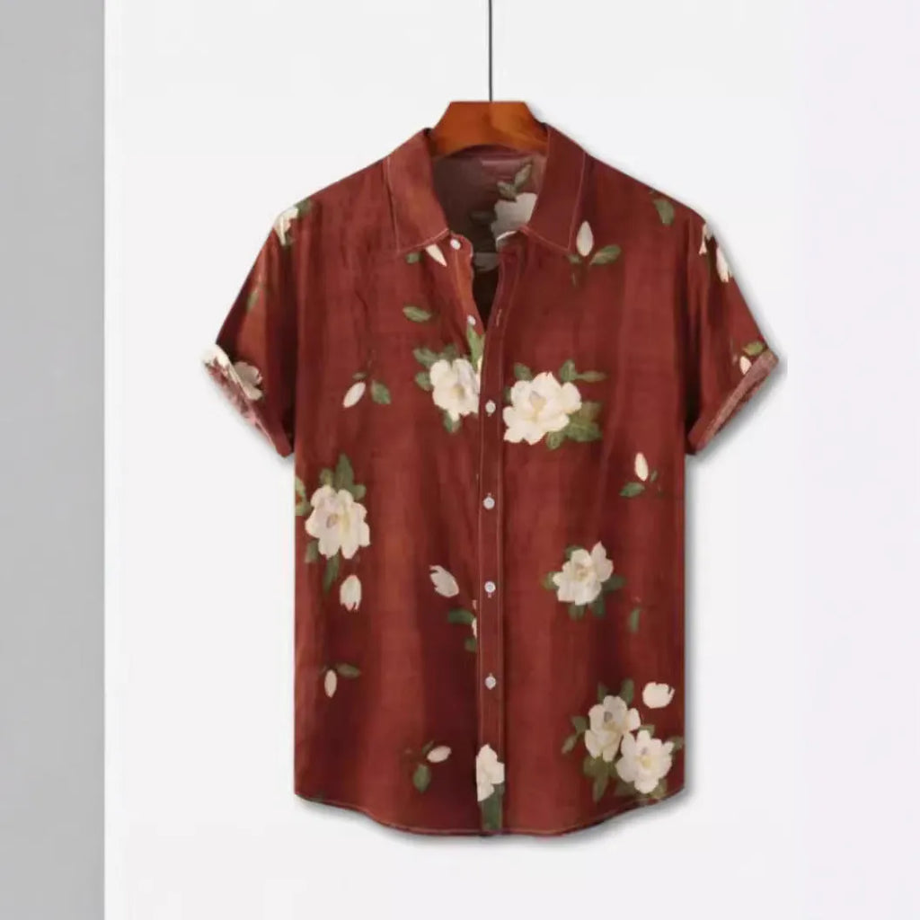 Hawaiian print short sleeve shirt with lapel collar and floral pattern in multiple colour options