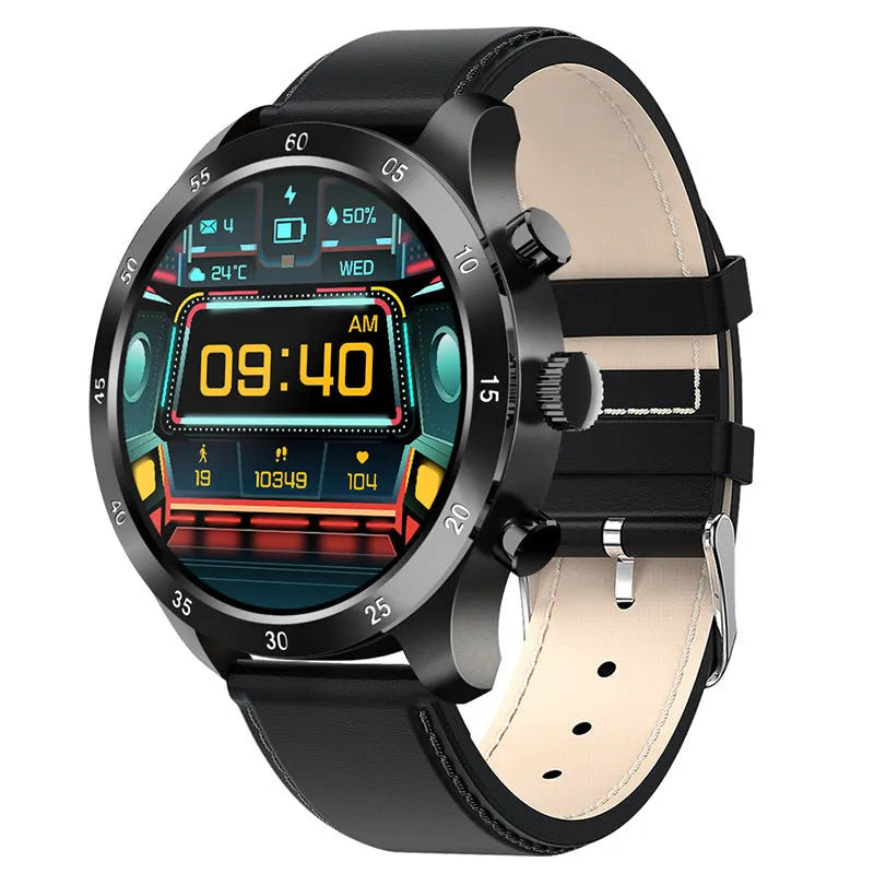 Black smart watch with touch screen display on a steel link bracelet, showing call interface.