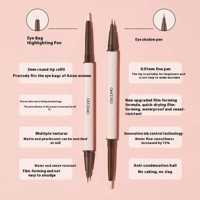 Liquid eyeliner pen with double headed silkworm brush tip in pearlescent colours