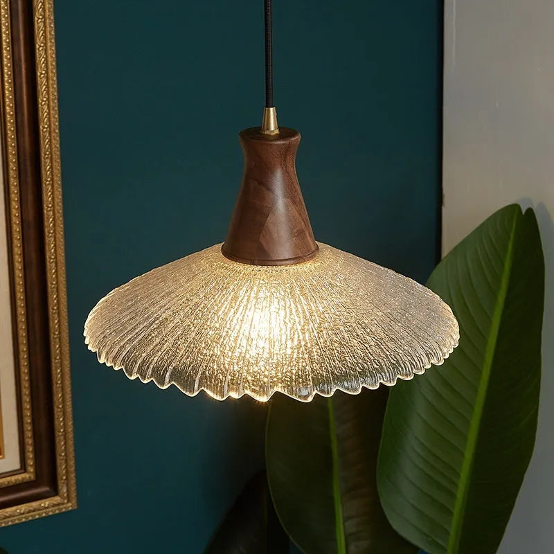 Retro brass and wood ceiling chandelier with a glass lampshade, shown in small, medium, and large sizes.