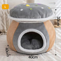 Mushroom-shaped plush cat bed in grey colour with detachable blanket