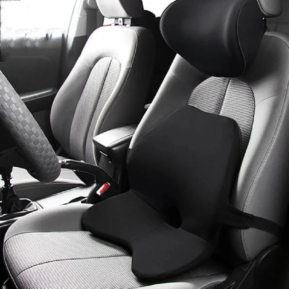 Car memory foam waist cushion with optional headrest in neutral colours for lumbar support while driving