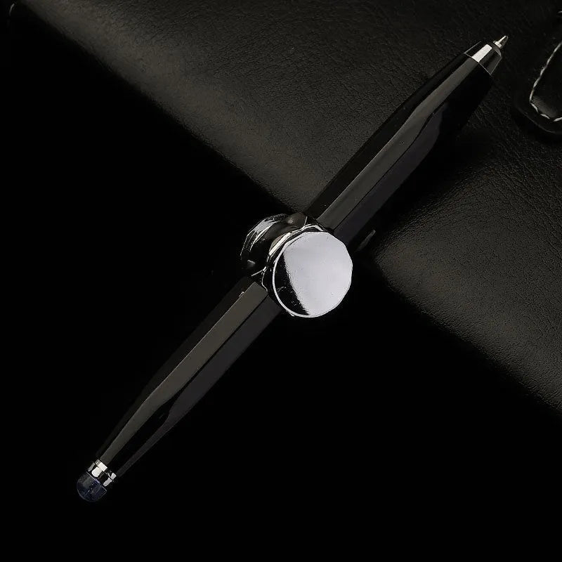 Metal ballpoint pen with a built-in fingertip gyro spinner and LED light, shown in multiple ink colour options.
