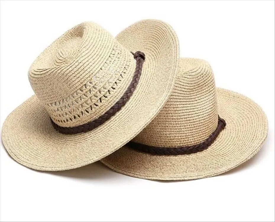 Men's foldable straw sun hat with big brim in beige colour showing folded and unfolded states