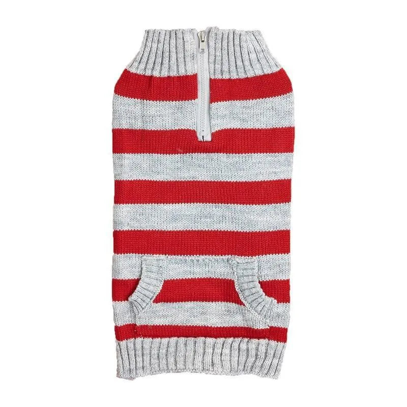 Grey acrylic knit dog sweater with horizontal side zip and a chest pocket on a small dog.
